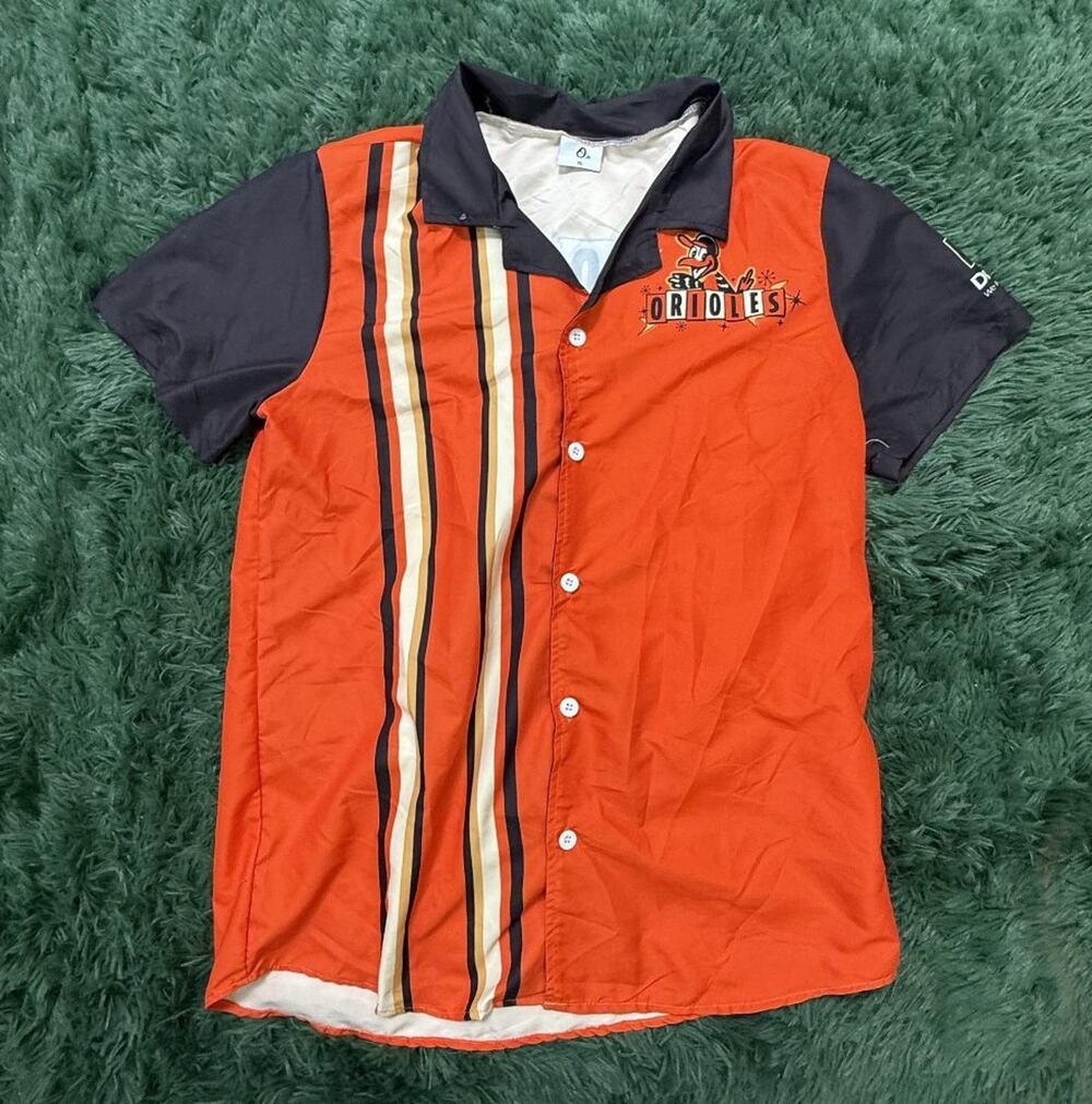 Baltimore Orioles O's MLB Fan Apparel Bowling Shirt Orange Black White Gold XL